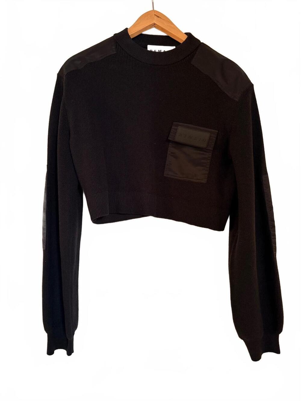 Remain Birger Christensen Cropped Rib Knit Sweater Nylon Pocket Black S/6
